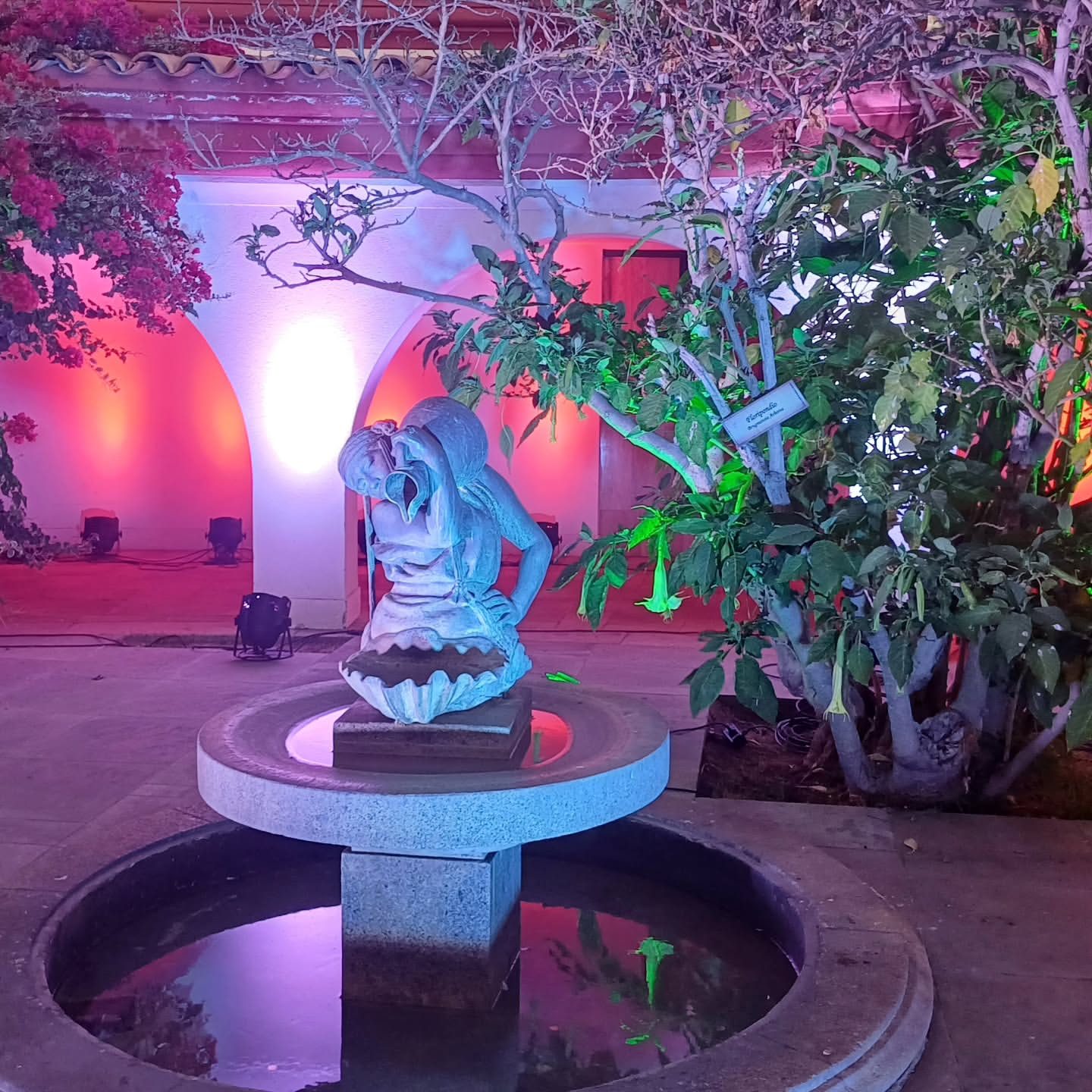 Iluminación ambiental de color en patio colonial para evento privado
